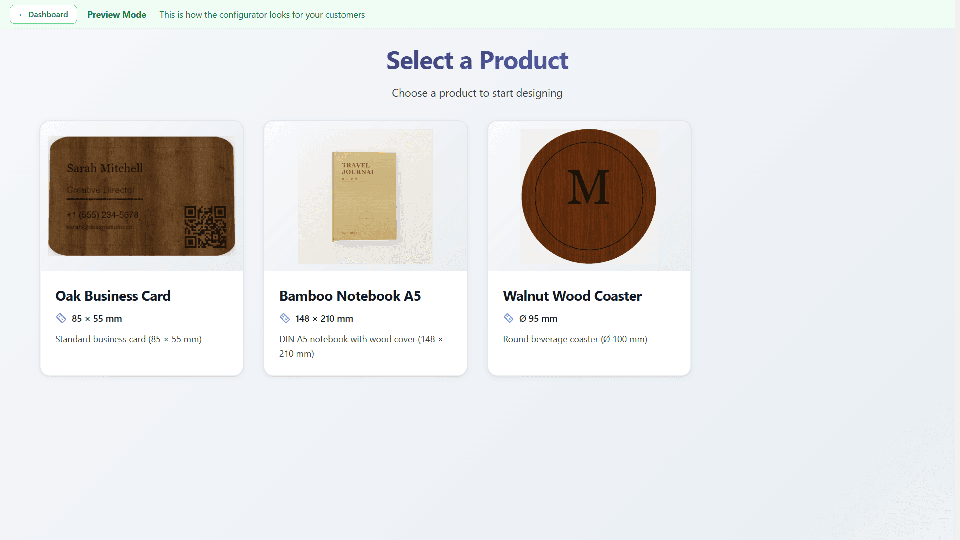 Etchify Produktauswahl — Produkte mit Material-Vorschau