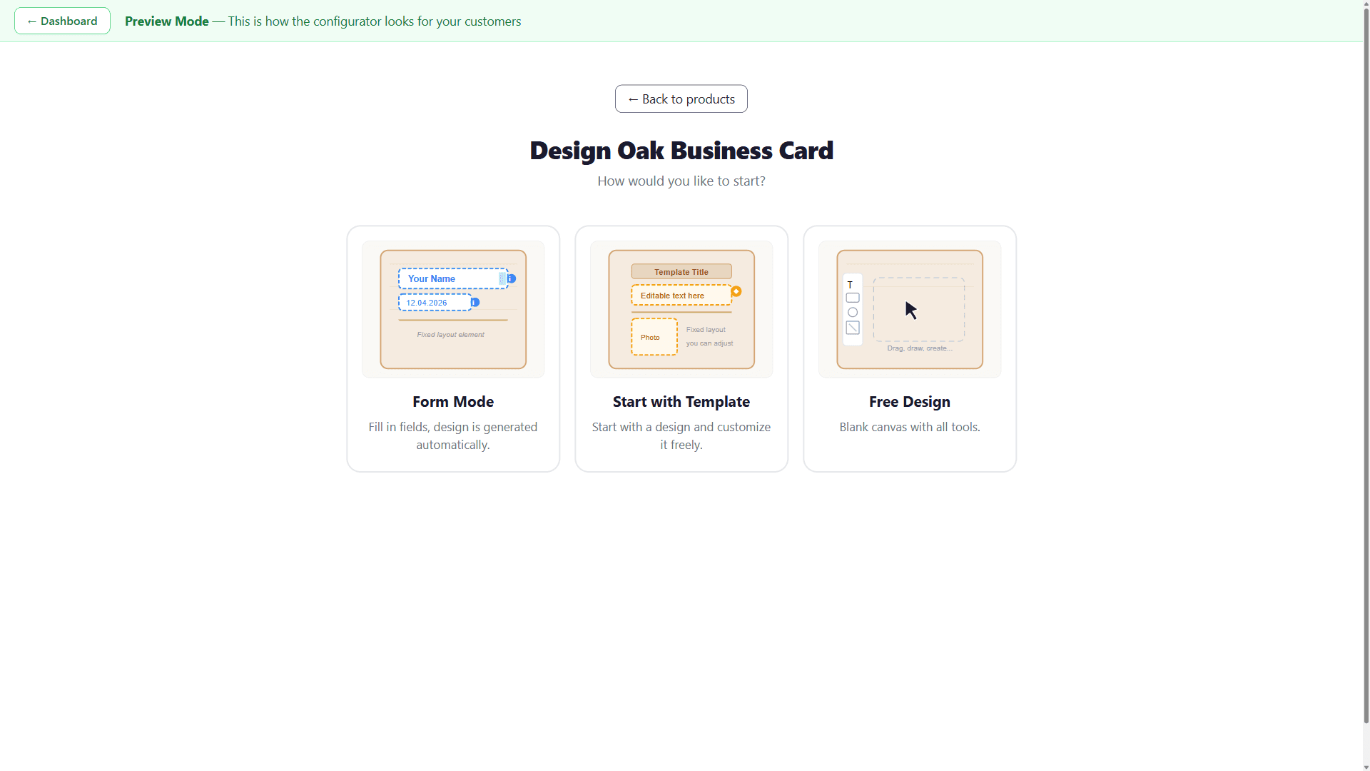 Etchify Template-Auswahl — drei Design-Modi