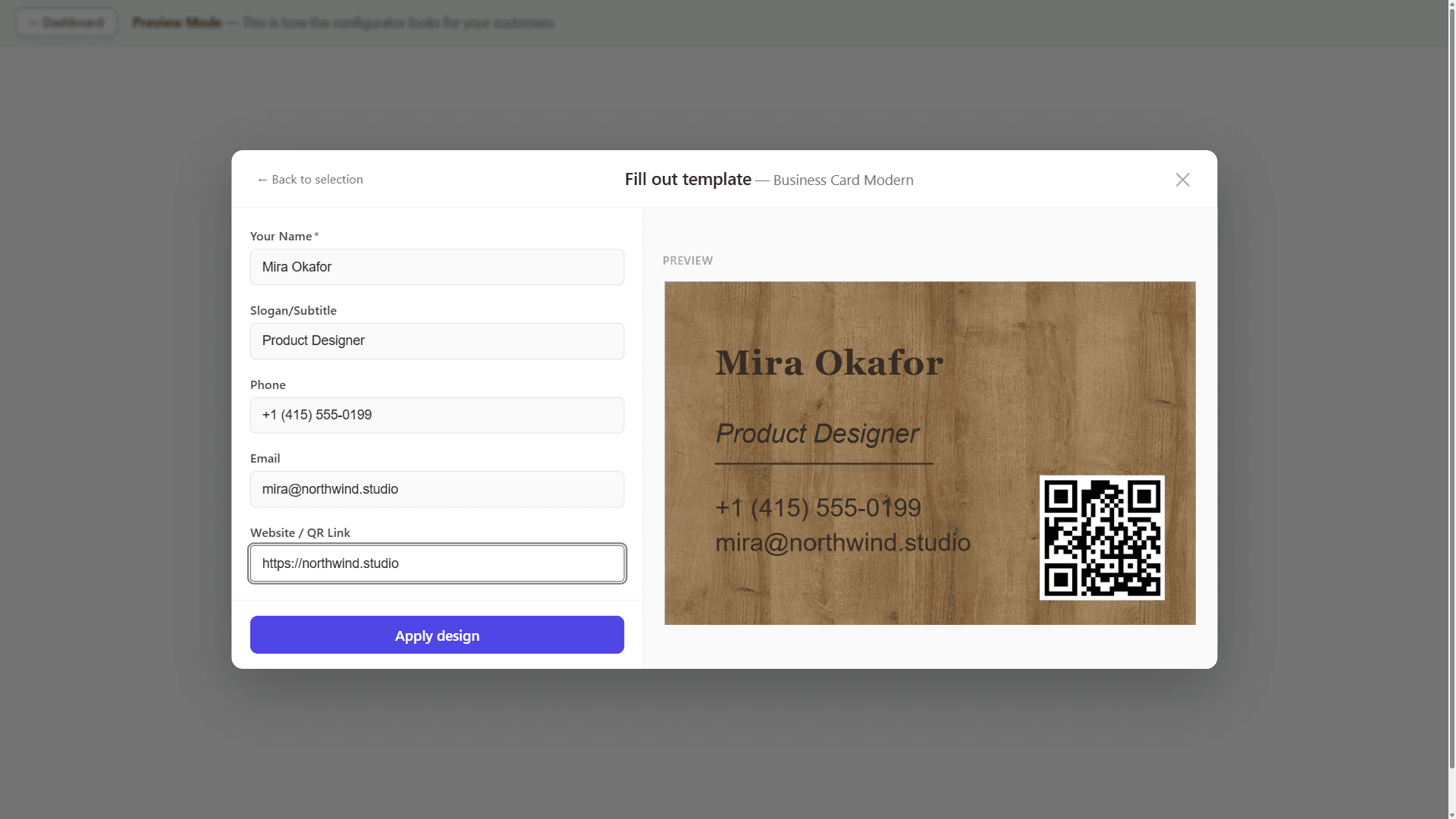 QuickFill — personalisierte Visitenkarte