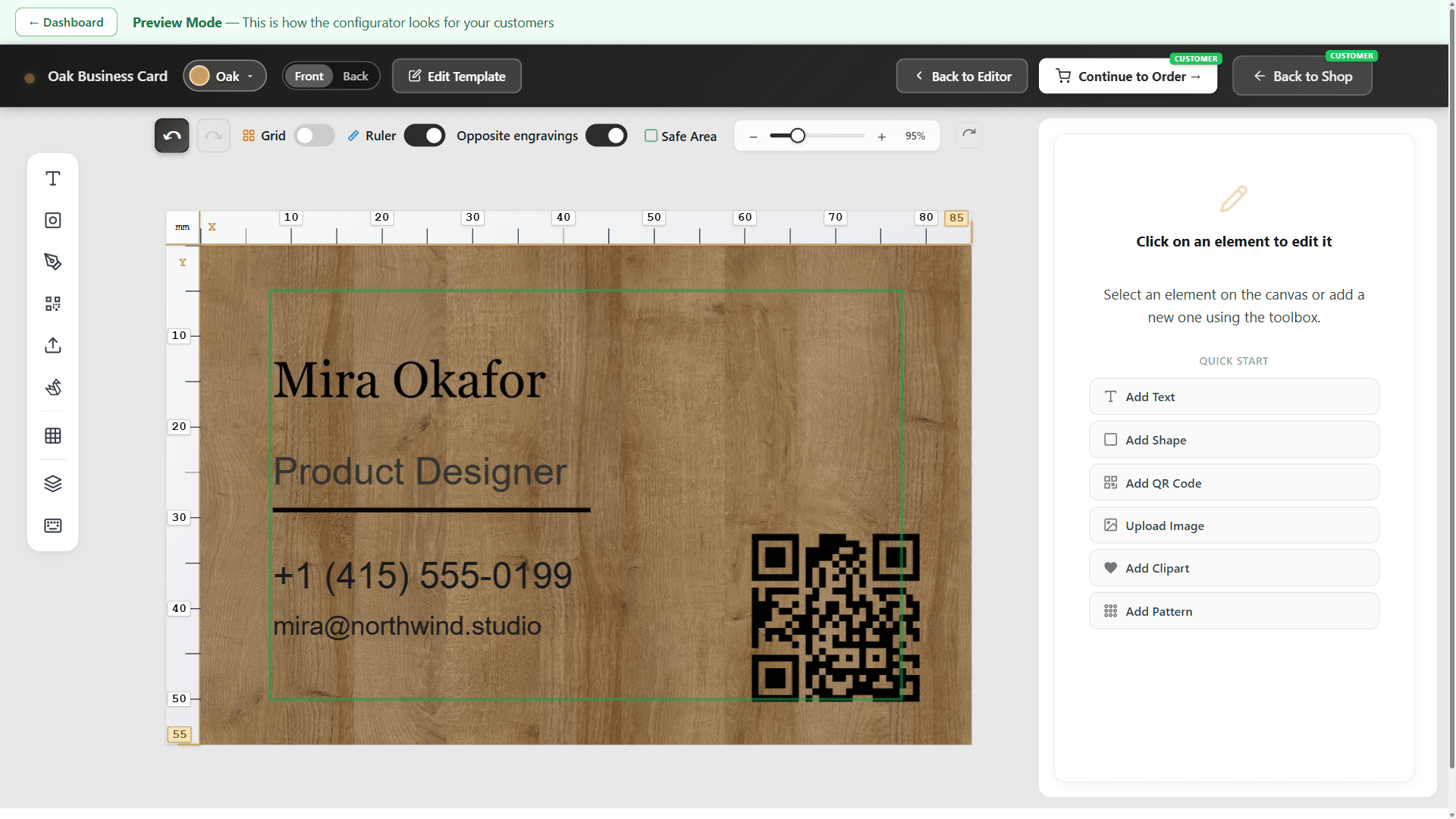 Canvas Editor — Visitenkarten-Design mit Gravur-Vorschau