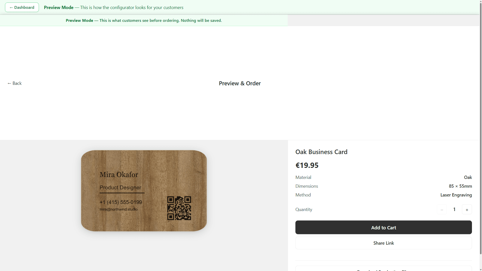 Review Screen — Produkt-Mockup mit Material-Textur